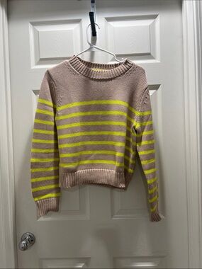 Boden Beige and Neon Yellow Striped Crewneck Sweater